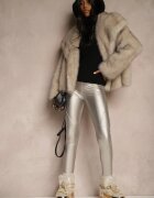 defox Pantaloni Argintii de Piele Ecologică Skinny High Waist Căptușiți cu Fleece Lavimi