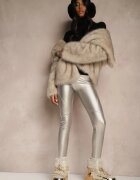 defox Pantaloni Argintii de Piele Ecologică Skinny High Waist Căptușiți cu Fleece Lavimi