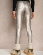 defox Pantaloni Argintii de Piele Ecologică Skinny High Waist Căptușiți cu Fleece Lavimi