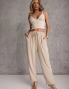 defox Pantaloni Bej cu croială lejeră cu șnur și elastic în talie Enivea
