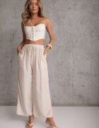 defox Pantaloni bej deschis din Bumbac tip Palazzo cu Elastic în Talie Fieana