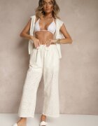 defox Pantaloni Bej deschis Talie înaltă din țesătură de bumbac decorați cu broderie Mevirona
