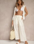 defox Pantaloni Bej deschis Talie înaltă din țesătură de bumbac decorați cu broderie Mevirona