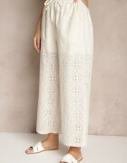 defox Pantaloni Bej deschis Talie înaltă din țesătură de bumbac decorați cu broderie Mevirona