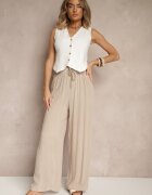 defox Pantaloni Bej din Bumbac cu Croială Dreaptă cu Elastic și Șnur în Talie Efrara