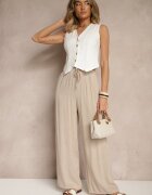 defox Pantaloni Bej din Bumbac cu Croială Dreaptă cu Elastic și Șnur în Talie Efrara