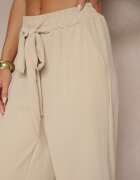 defox Pantaloni Bej din vâscoză cu croială largă cu cordon legat Zileindra