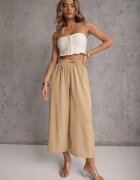 defox Pantaloni Bej High Waist cu Picioare Largi din Viscoză Finisați cu Elastic în Talie Crisantas