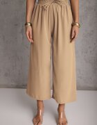 defox Pantaloni Bej High Waist cu Picioare Largi din Viscoză Finisați cu Elastic în Talie Crisantas
