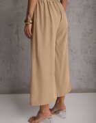 defox Pantaloni Bej High Waist cu Picioare Largi din Viscoză Finisați cu Elastic în Talie Crisantas