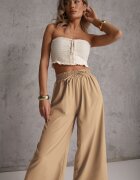 defox Pantaloni Bej High Waist cu Picioare Largi din Viscoză Finisați cu Elastic în Talie Crisantas