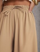 defox Pantaloni Bej High Waist cu Picioare Largi din Viscoză Finisați cu Elastic în Talie Crisantas