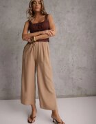 defox Pantaloni Bej închis din Bumbac Tip Palazzo cu Elastic în Talie Fieana