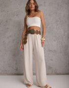 defox Pantaloni Bej Largi din Vâscoză cu Elastic în Talie Lealirre
