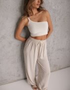 defox Pantaloni Bej Largi din Vâscoză cu Elastic în Talie Lealirre