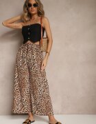 defox Pantaloni Bej-Maro Wide Leg cu Elastic în Talie cu Imprimeu Leopard Filanira
