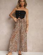 defox Pantaloni Bej-Maro Wide Leg cu Elastic în Talie cu Imprimeu Leopard Filanira