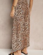 defox Pantaloni Bej-Maro Wide Leg cu Elastic în Talie cu Imprimeu Leopard Filanira