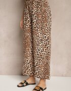 defox Pantaloni Bej-Maro Wide Leg cu Elastic în Talie cu Imprimeu Leopard Filanira