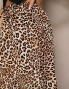 defox Pantaloni Bej-Maro Wide Leg cu Elastic în Talie cu Imprimeu Leopard Filanira