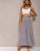 defox Pantaloni Bleumarin și Alb cu talie înaltă din bumbac cu picioare evazate și elastic Nereialla