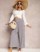 defox Pantaloni Bleumarin și Alb cu talie înaltă din bumbac cu picioare evazate și elastic Nereialla