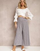 defox Pantaloni Bleumarin și Alb cu talie înaltă din bumbac cu picioare evazate și elastic Nereialla