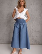 defox Pantaloni Culotte Albastre deschise din Bumbac Talie înaltă cu Croială largă Finisați cu elastic în talie Alifrea