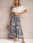 defox Pantaloni culotte bleumarin din bumbac talie înaltă cu elastic în talie Palovia