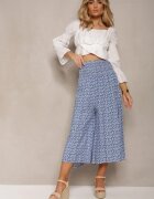 defox Pantaloni Culottes Albaștri de Bumbac cu bandă elastică lată în talie și imprimeu floral Pellagia