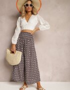 defox Pantaloni Culottes Bleumarin-Bej Largi cu elastic în talie Zaphelia