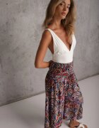 defox Pantaloni Culottes Bleumarin din Țesătură de Bumbac Decorate cu Model Paisley Gwinamas