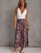 defox Pantaloni Culottes Bleumarin din Țesătură de Bumbac Decorate cu Model Paisley Gwinamas