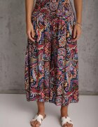 defox Pantaloni Culottes Bleumarin din Țesătură de Bumbac Decorate cu Model Paisley Gwinamas