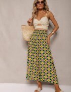 defox Pantaloni Culottes Largi Galben-Verzi din Țesătură de Bumbac cu Model Mozaic Miratte