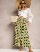defox Pantaloni Culottes Largi Galben-Verzi din Țesătură de Bumbac cu Model Mozaic Miratte