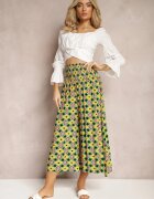 defox Pantaloni Culottes Largi Galben-Verzi din Țesătură de Bumbac cu Model Mozaic Miratte