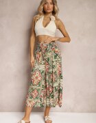 defox Pantaloni culottes Verde-Roz din Bumbac talie înaltă cu elastic în talie Palovia