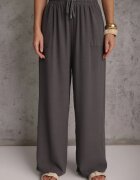 defox Pantaloni Gri Largi din Viscoză cu Elastic în Talie Lealirre