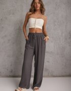 defox Pantaloni Gri Largi din Viscoză cu Elastic în Talie Lealirre
