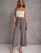 defox Pantaloni Gri Talie înaltă cu craci largi din viscoză cu elastic în talie Crisantas