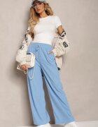 defox Pantaloni Largi Albaștri cu croială reiată cu elastic în talie Jovulla
