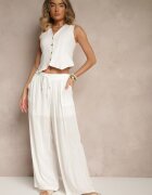 defox Pantaloni Largi Albi din bumbac cu elastic cu buzunare Efridessa
