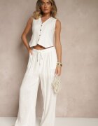 defox Pantaloni Largi Albi din bumbac cu elastic cu buzunare Efridessa