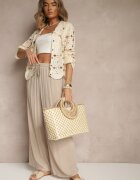 defox Pantaloni Largi Bej închis cu bumbac cu elastic cu buzunare Efridessa