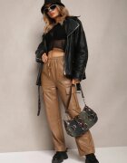 defox Pantaloni largi Bej închis cu talie înaltă căptușiți în stil cargo cu elastic în talie și buzunare cu clape Vilencja