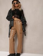 defox Pantaloni largi Bej închis cu talie înaltă căptușiți în stil cargo cu elastic în talie și buzunare cu clape Vilencja