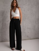defox Pantaloni Largi Negri cu Vâscoză cu Elastic în Talie Lealirre