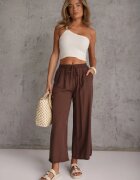 defox Pantaloni Maro din Bumbac Tip Palazzo cu Elastic în Talie Fieana