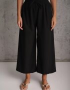 defox Pantaloni negri cu talie înaltă cu craci largi din viscoză cu elastic în talie Crisantas